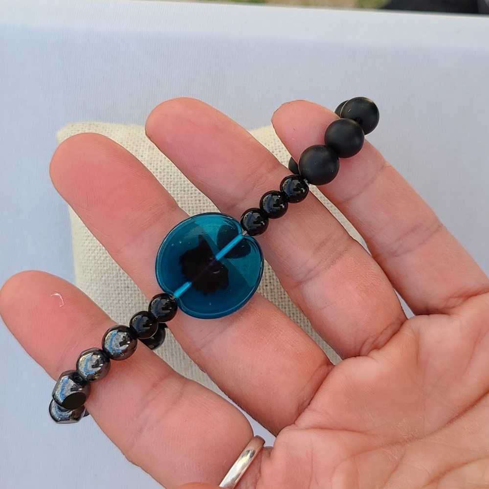 Stretch Bracelet Murano Glass Handmade Jewelry One of a Kind Blue Black Gift - Picture 2 of 2